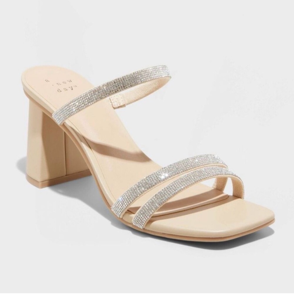 A New Day Stacy Mule Heels, Silver Slip On Block Heel Open Toe Cushioned Insole